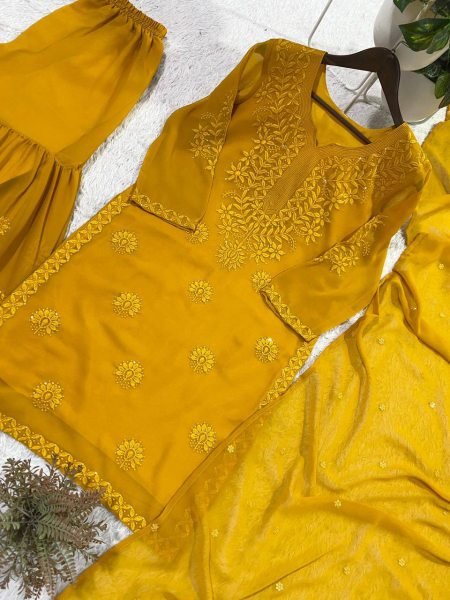 Festive Yellow Georgette Sequins Embroidered Sharara Suit with Designer Dupatta Ready To Wear Collection