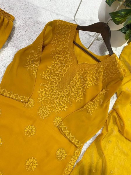 Festive Yellow Georgette Sequins Embroidered Sharara Suit with Designer Dupatta Ready To Wear Collection
