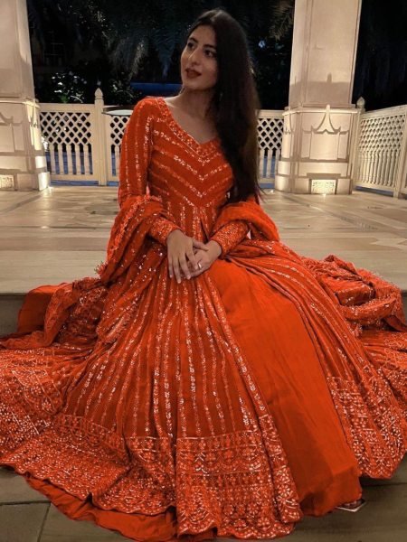 Fiery Orange Georgette Lehenga with Heavy Sequins Perfect for Haldi Glow