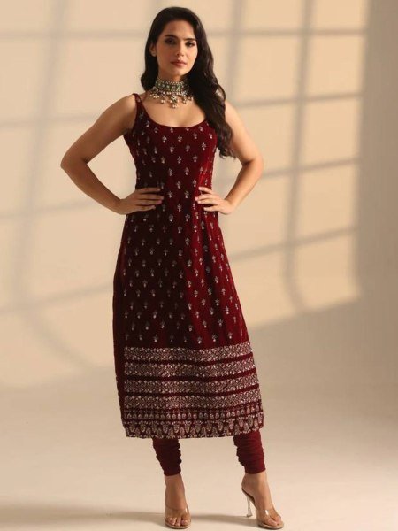 Fine Fit Maroon Roman Glass Ethnic Set with Long Top and Sequence Work Ready To Wear Suit