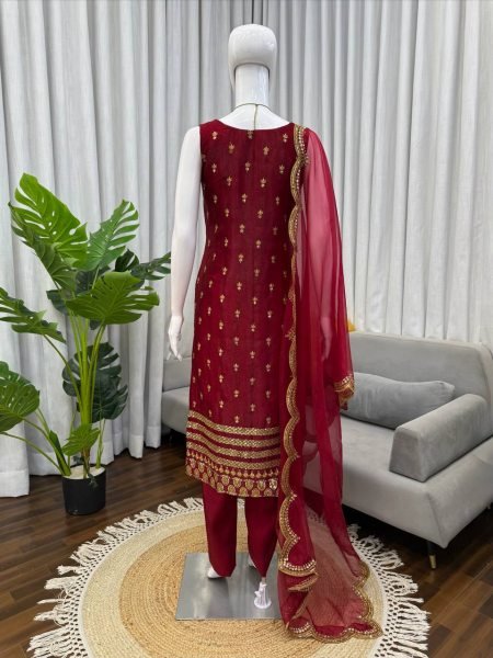 Fine Fit Maroon Roman Glass Ethnic Set with Long Top and Sequence Work Ready To Wear Collection