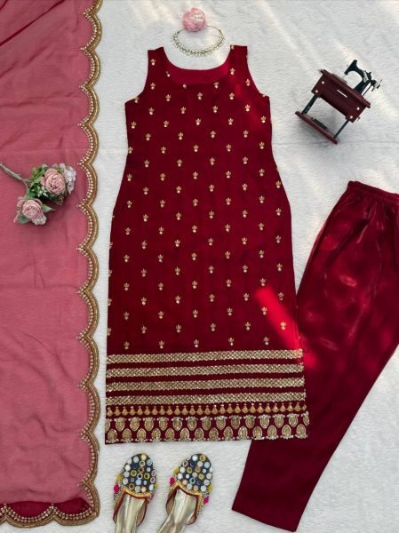 Fine Fit Maroon Roman Glass Ethnic Set with Long Top and Sequence Work Ready To Wear Collection