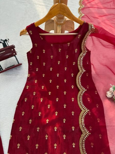 Fine Fit Maroon Roman Glass Ethnic Set with Long Top and Sequence Work Ready To Wear Collection