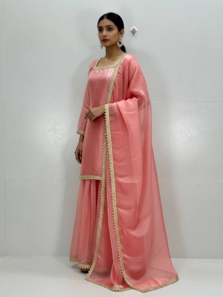 Fine Pink Fully stitched for Ready to Wear Silk Suit with Fancy Lace 