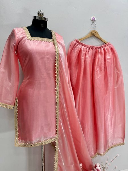 Fine Pink Fully stitched for Ready to Wear Silk Suit with Fancy Lace  Ready To Wear Collection