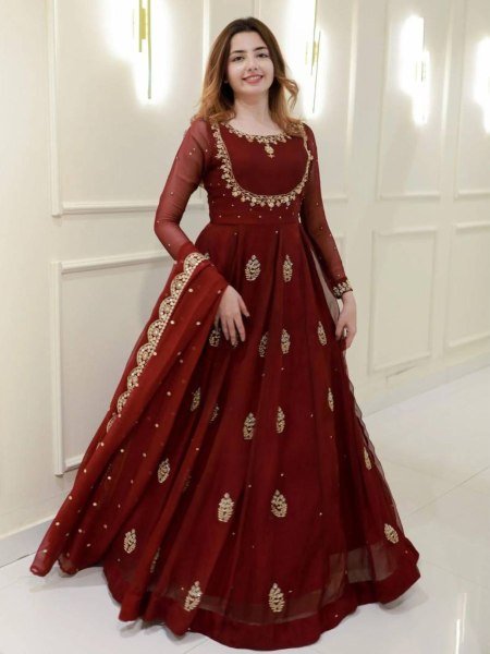 Fine Red Georgette Sequence Embroidery Long Gown with Border Dupatta for Receptions Wear 