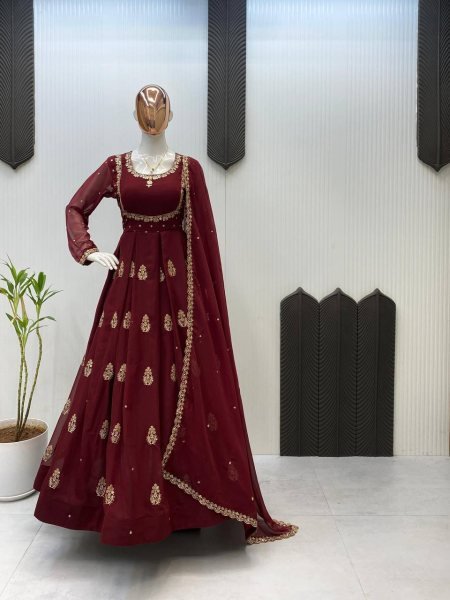 Fine Red Georgette Sequence Embroidery Long Gown with Border Dupatta for Receptions Wear Anarkali Kurtis 