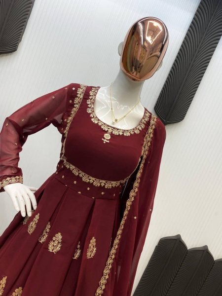 Fine Red Georgette Sequence Embroidery Long Gown with Border Dupatta for Receptions Wear Anarkali Kurtis 