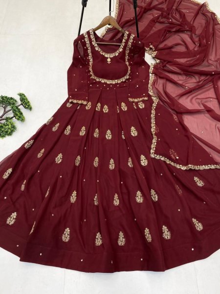 Fine Red Georgette Sequence Embroidery Long Gown with Border Dupatta for Receptions Wear Anarkali Kurtis 