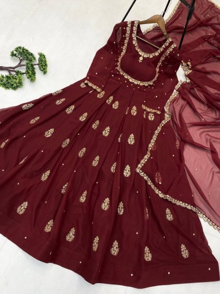 Fine Red Georgette Sequence Embroidery Long Gown with Border Dupatta for Receptions Wear Anarkali Kurtis 
