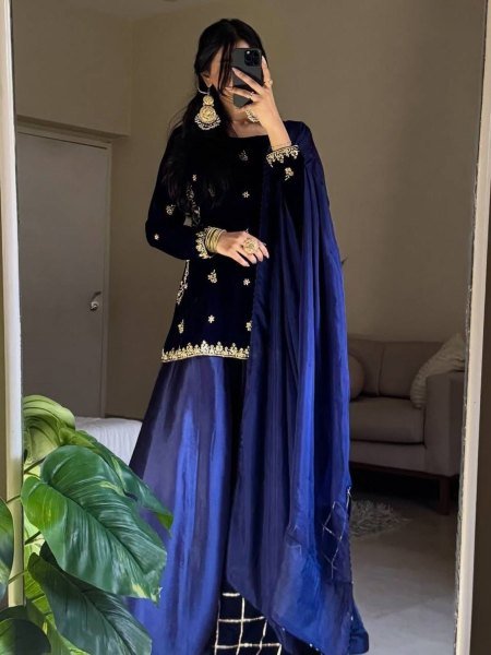 Finest Blue Velvet Sequence   Chinon Embroidery Work Top with Plazzo   Dupatta for Wedding Wear  