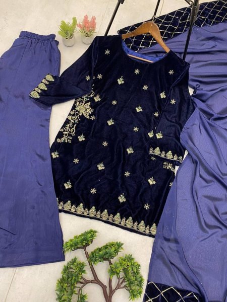 Finest Blue Velvet Sequence   Chinon Embroidery Work Top with Plazzo   Dupatta for Wedding Wear  Ready To Wear Collection