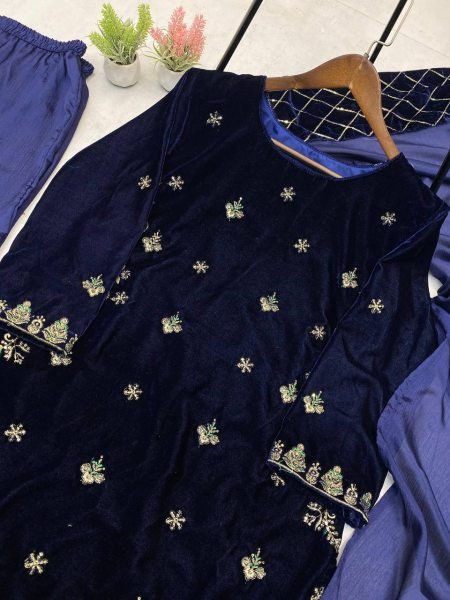 Finest Blue Velvet Sequence   Chinon Embroidery Work Top with Plazzo   Dupatta for Wedding Wear  Ready To Wear Collection