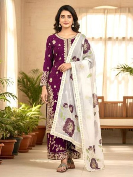Finest Purple Fendi Silk Heavy Embroidery Plazo Suit Set with Dupatta for Party Wear Look Kurtis