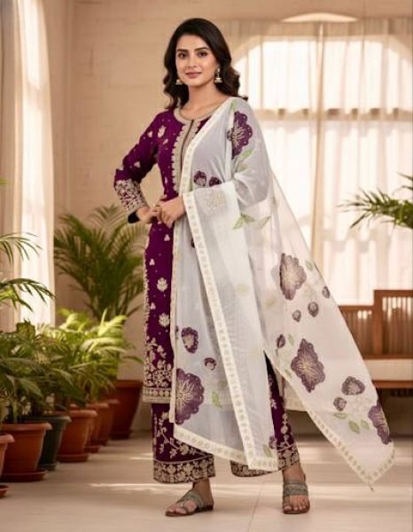 Finest Purple Fendi Silk Heavy Embroidery Plazo Suit Set with Dupatta for Party Wear Look Embroidery Kurtis 