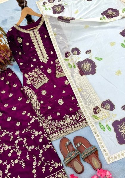 Finest Purple Fendi Silk Heavy Embroidery Plazo Suit Set with Dupatta for Party Wear Look Embroidery Kurtis 