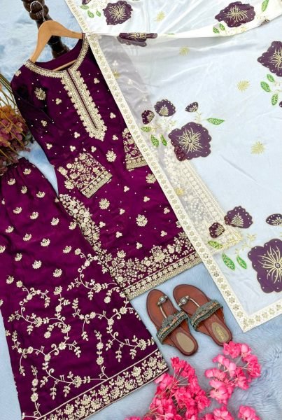 Finest Purple Fendi Silk Heavy Embroidery Plazo Suit Set with Dupatta for Party Wear Look Embroidery Kurtis 