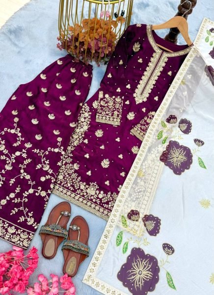 Finest Purple Fendi Silk Heavy Embroidery Plazo Suit Set with Dupatta for Party Wear Look Embroidery Kurtis 