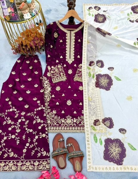 Finest Purple Fendi Silk Heavy Embroidery Plazo Suit Set with Dupatta for Party Wear Look Embroidery Kurtis 