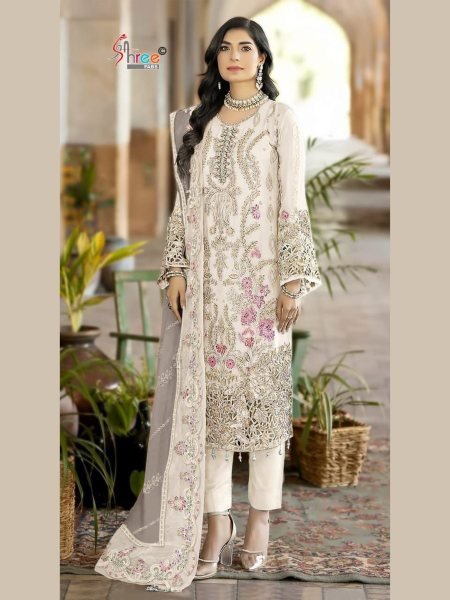 Finest White Pakistani Embroidered Suit with Bottom and Dupatta by Shree Fashion Churidar Salwar Suits Wholesale