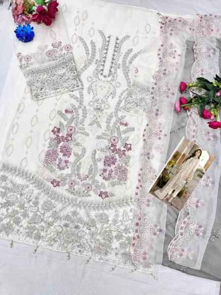 Finest White Pakistani Embroidered Suit with Bottom and Dupatta by Shree Fashion Churidar Salwar Suits Wholesale