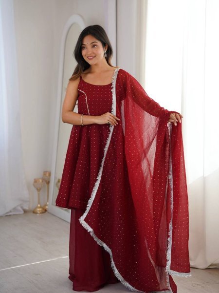 Firm Fit Deep Wine Red Unique Crunchy Silk Zarkhand Work Top Sharara Set with Dupatta Ready To Wear Suit
