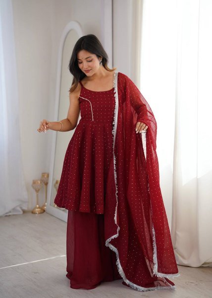 Firm Fit Deep Wine Red Unique Crunchy Silk Zarkhand Work Top Sharara Set with Dupatta Ready To Wear Collection