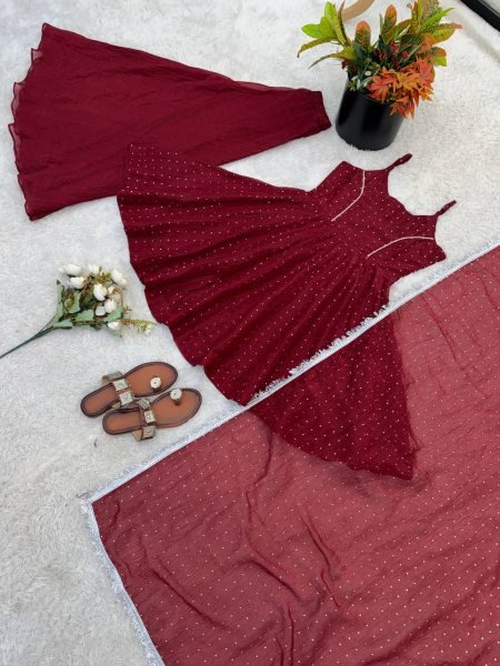 Firm Fit Deep Wine Red Unique Crunchy Silk Zarkhand Work Top Sharara Set with Dupatta Ready To Wear Collection