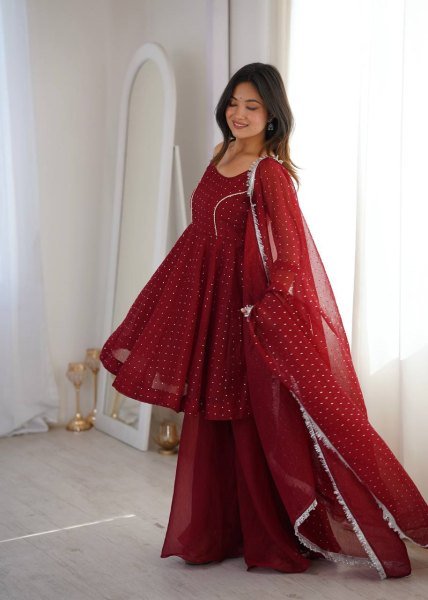 Firm Fit Deep Wine Red Unique Crunchy Silk Zarkhand Work Top Sharara Set with Dupatta Ready To Wear Collection