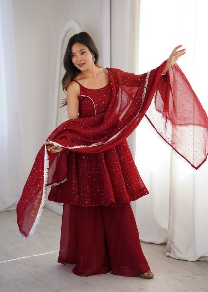 Firm Fit Deep Wine Red Unique Crunchy Silk Zarkhand Work Top Sharara Set with Dupatta Ready To Wear Collection