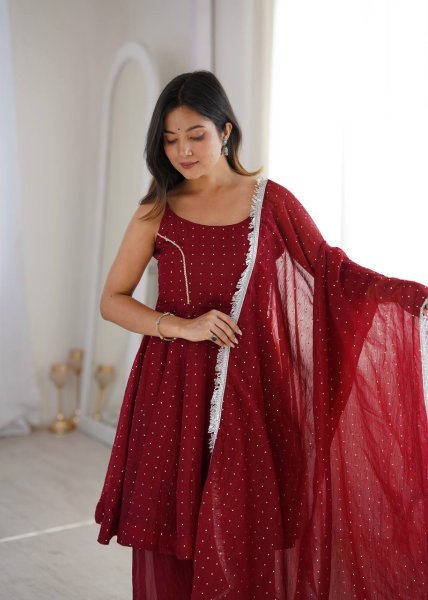 Firm Fit Deep Wine Red Unique Crunchy Silk Zarkhand Work Top Sharara Set with Dupatta Ready To Wear Collection