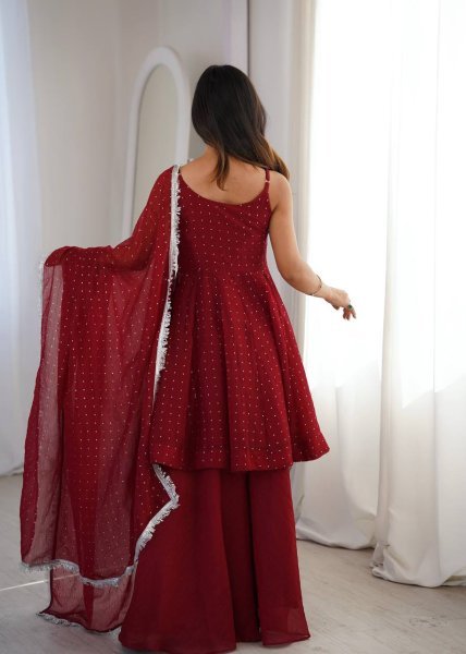Firm Fit Deep Wine Red Unique Crunchy Silk Zarkhand Work Top Sharara Set with Dupatta Ready To Wear Collection