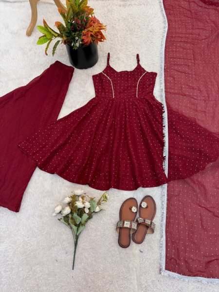 Firm Fit Deep Wine Red Unique Crunchy Silk Zarkhand Work Top Sharara Set with Dupatta Ready To Wear Collection
