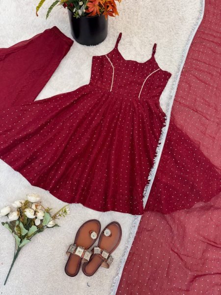 Firm Fit Deep Wine Red Unique Crunchy Silk Zarkhand Work Top Sharara Set with Dupatta Ready To Wear Collection