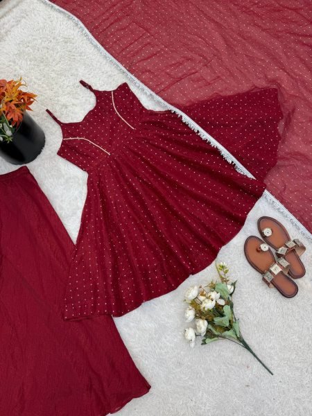 Firm Fit Deep Wine Red Unique Crunchy Silk Zarkhand Work Top Sharara Set with Dupatta Ready To Wear Collection
