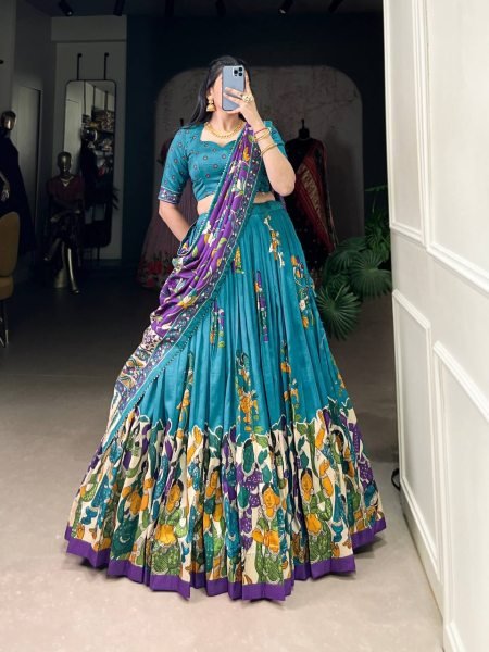 Firozi Tussar Silk Printed Reception Wedding Lehenga Choli Half Saree Lehenga
