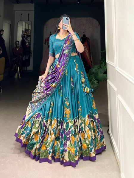 Firozi Tussar Silk Printed Reception Wedding Lehenga Choli Half Saree Lehenga