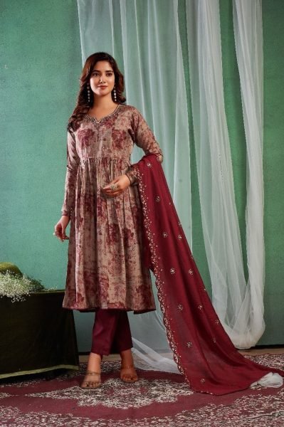 Flare Pattern Modal Silk 3pc Set  3 Piece Kurti Set