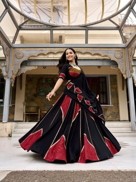Flawless Black Navratri Lehenga Choli with Ajrakh Printed Fabric For Dandhiya Night Wholesale Lehengas Suppliers in Canada