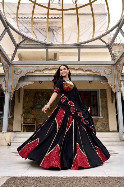 Flawless Black Navratri Lehenga Choli with Ajrakh Printed Fabric For Dandhiya Night Navratri Lehnega Choli