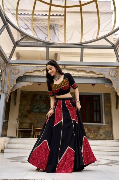 Flawless Black Navratri Lehenga Choli with Ajrakh Printed Fabric For Dandhiya Night Navratri Lehnega Choli
