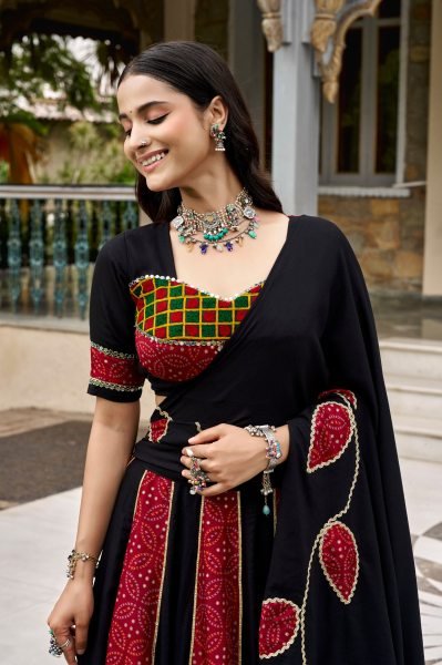 Flawless Black Navratri Lehenga Choli with Ajrakh Printed Fabric For Dandhiya Night Navratri Lehnega Choli