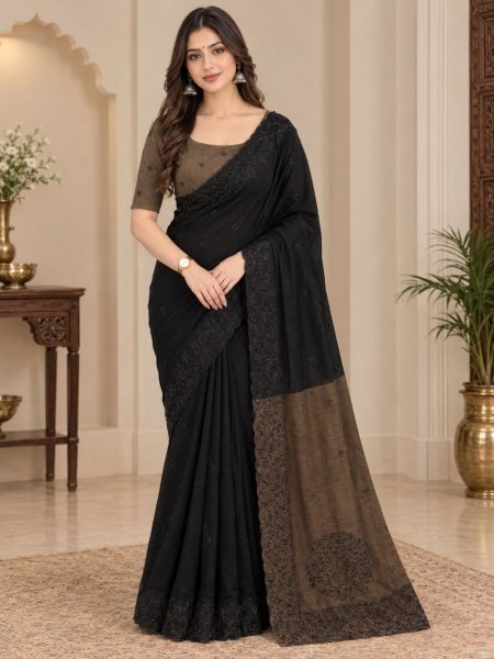 Flawless Black Pure Mul Cotton Saree with Contrast Embroidered Border at Wholesale Rate Sarees 