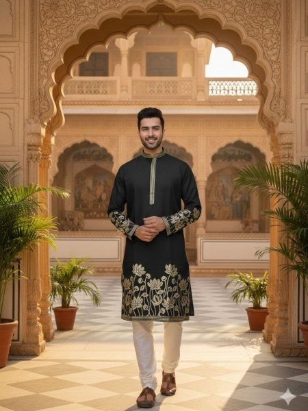 Flawless Black Wedding Kurta Set in Celebrity Silk Fabric with Designer Embroidery Mens Wear