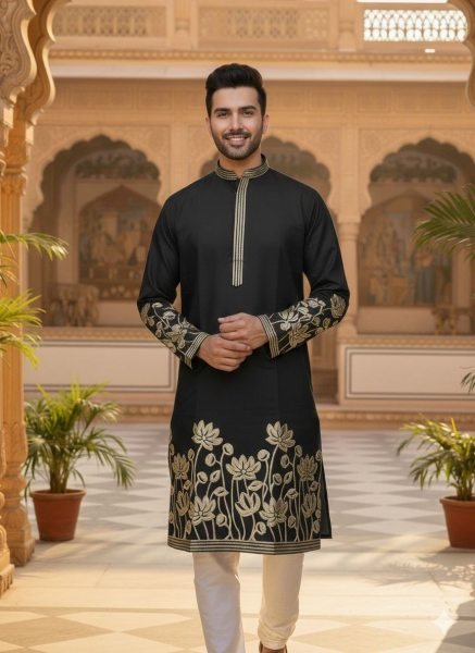 Flawless Black Wedding Kurta Set in Celebrity Silk Fabric with Designer Embroidery Kurta Pajama Wholesale