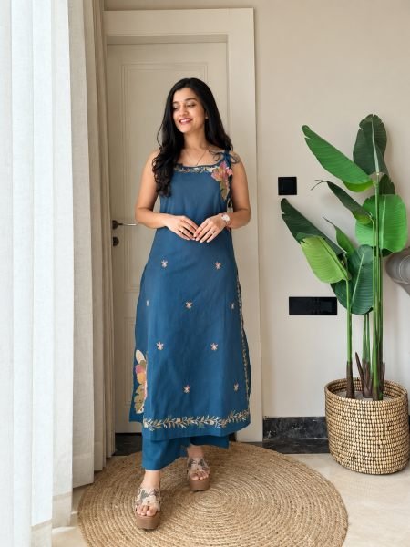 Flawless Blue Designer Fandy Silk Farshi Salwar Suit with Embroidery Work 