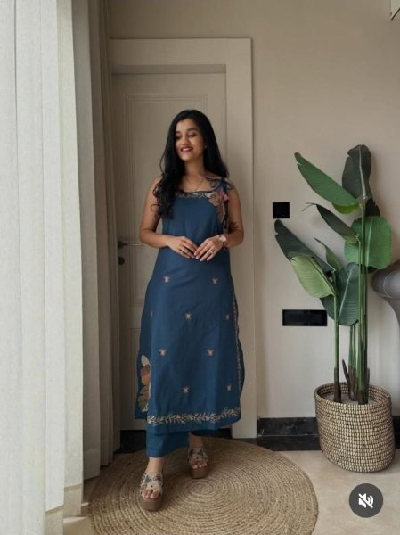 Flawless Blue Designer Fandy Silk Farshi Salwar Suit with Embroidery Work Cotton Kurtis Wholesale