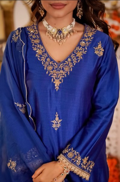 Flawless Blue Mal Chanderi Kurti Pant Dupatta Set with Embroidery Work Embroidery Kurtis 