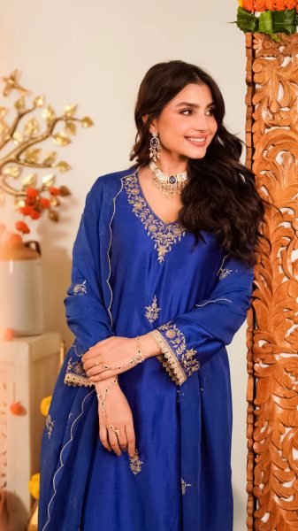 Flawless Blue Mal Chanderi Kurti Pant Dupatta Set with Embroidery Work Embroidery Kurtis 