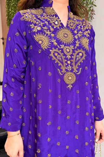 Flawless Blue Silk Crepe Kurti Plazzo Co Ord Set with Elegant Embroidery Work for Women CO ORD Sets